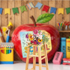 Aperturee - Aperturee Back to School Apple Photography Backdrop with Colorful Art and Learning Supplies Wooden Wall Background