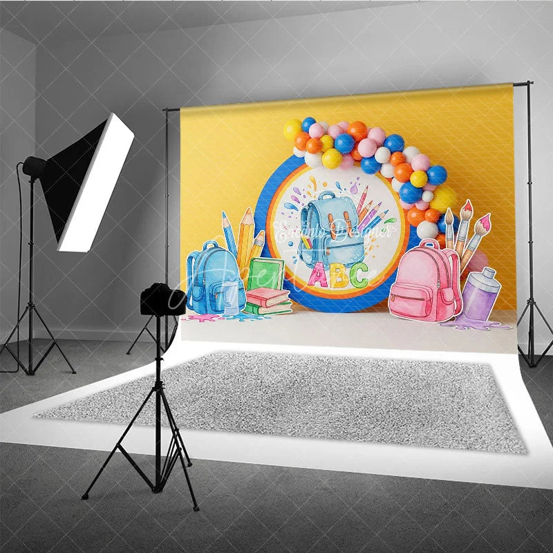Aperturee - Aperturee Back To School Backdrop Blue Backpack ABC Letters Pencils Paint Balloons Background Kindergarten Photography Prop