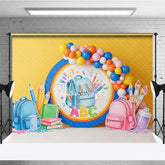 Aperturee - Aperturee Back To School Backdrop Blue Backpack ABC Letters Pencils Paint Balloons Background Kindergarten Photography Prop