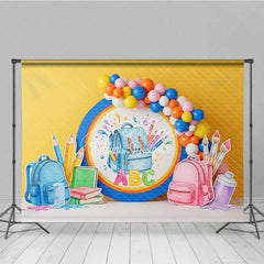 Aperturee - Aperturee Back To School Backdrop Blue Backpack ABC Letters Pencils Paint Balloons Background Kindergarten Photography Prop
