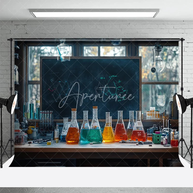 Aperturee - Aperturee Back to School Backdrop Science Chemistry Lab Photography Background Colorful Beaker Blackboard Student Party