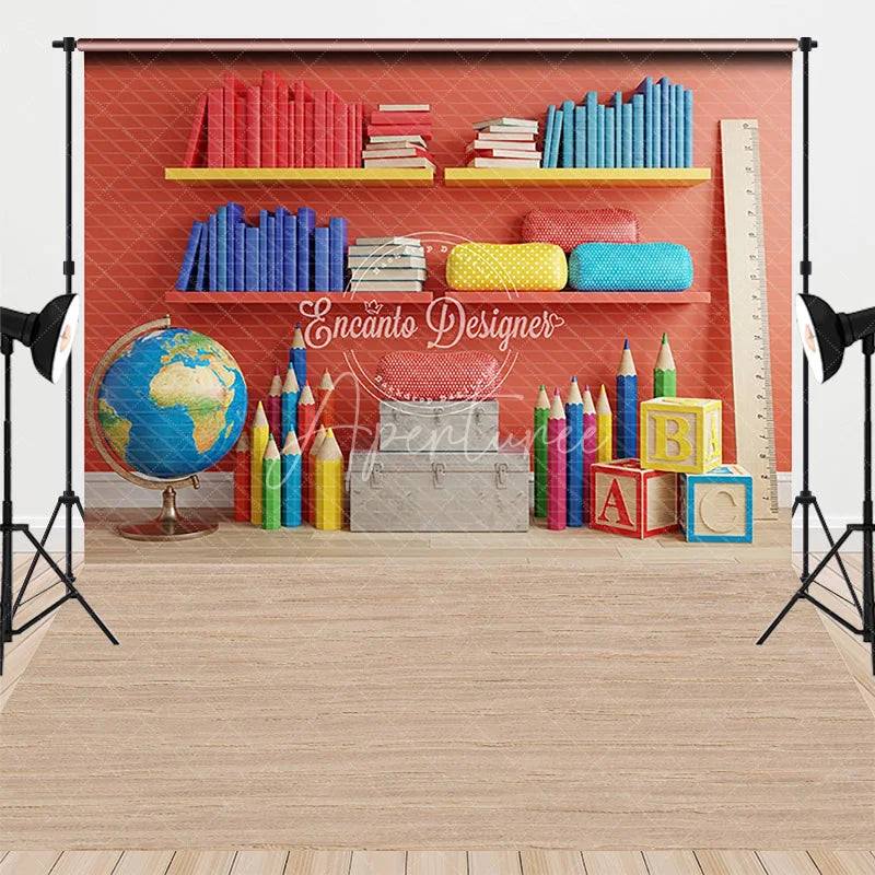 Aperturee - Aperturee Back to School Combo Set Backdrop Bookshelf and Educational ABC Blocks Party Background