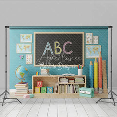 Aperturee - Aperturee Back to School Photography Backdrop Blue Wall ABC Chalkboard Background Giant Pencil Photo Prop