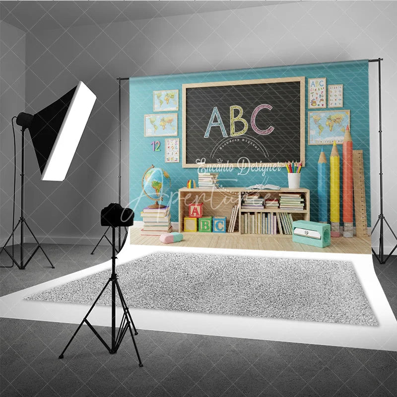 Aperturee - Aperturee Back to School Photography Backdrop Blue Wall ABC Chalkboard Background Giant Pencil Photo Prop