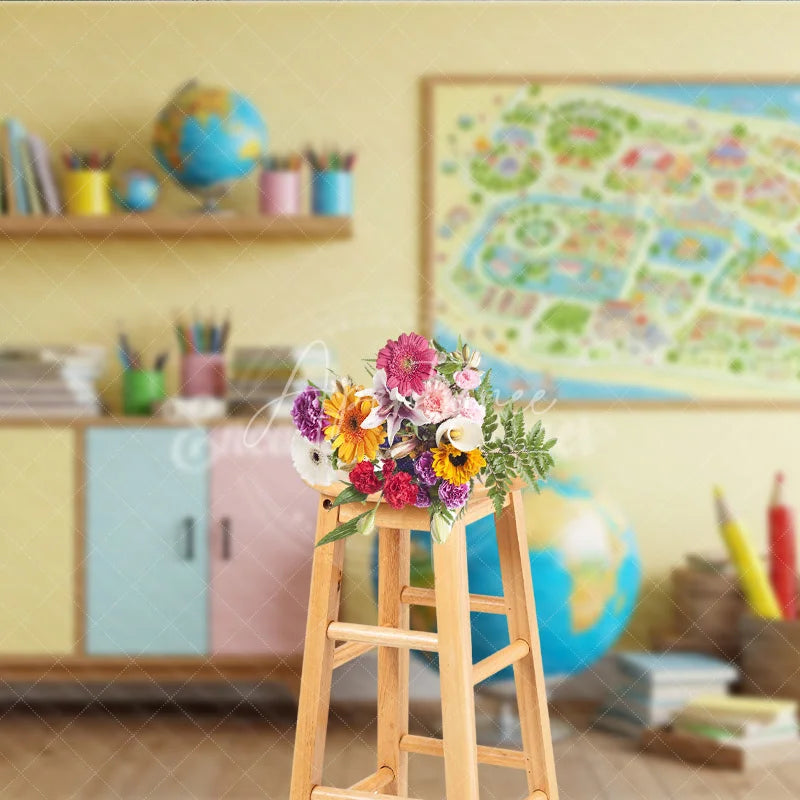 Aperturee - Aperturee Back to School Photography Backdrop Classroom Map Globe Background Pastel Study Room Photo Prop