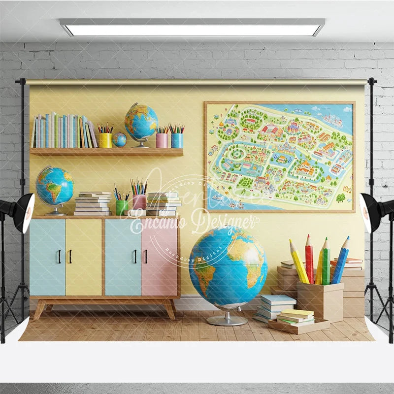 Aperturee - Aperturee Back to School Photography Backdrop Classroom Map Globe Background Pastel Study Room Photo Prop