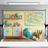 Aperturee - Aperturee Back to School Photography Backdrop Classroom Map Globe Background Pastel Study Room Photo Prop
