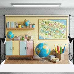 Aperturee - Aperturee Back to School Photography Backdrop Classroom Map Globe Background Pastel Study Room Photo Prop