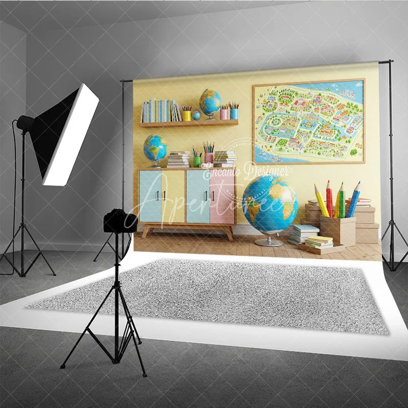 Aperturee - Aperturee Back to School Photography Backdrop Classroom Map Globe Background Pastel Study Room Photo Prop