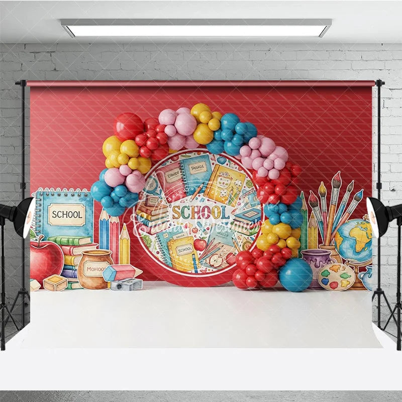 Aperturee - Aperturee Back to School Photography Backdrop Colorful Balloon Arch Study Background Apple Book Pencil Photo Prop