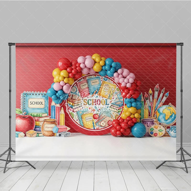 Aperturee - Aperturee Back to School Photography Backdrop Colorful Balloon Arch Study Background Apple Book Pencil Photo Prop