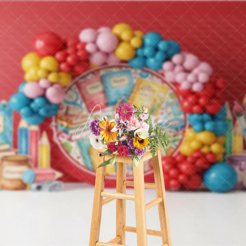 Aperturee - Aperturee Back to School Photography Backdrop Colorful Balloon Arch Study Background Apple Book Pencil Photo Prop