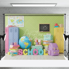 Aperturee - Aperturee Back to School Photography Backdrop Colorful Locker Classroom Background Globe Book Photo Prop