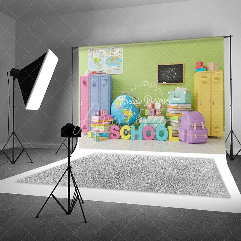 Aperturee - Aperturee Back to School Photography Backdrop Colorful Locker Classroom Background Globe Book Photo Prop