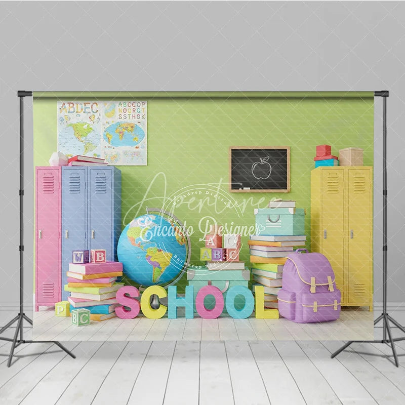 Aperturee - Aperturee Back to School Photography Backdrop Colorful Locker Classroom Background Globe Book Photo Prop