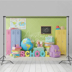 Aperturee - Aperturee Back to School Photography Backdrop Colorful Locker Classroom Background Globe Book Photo Prop