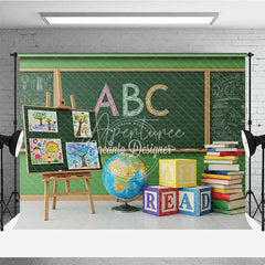 Aperturee - Aperturee Back to School Photography Backdrop Green Chalkboard Art Class Background ABC Block Study Photo Prop