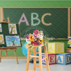 Aperturee - Aperturee Back to School Photography Backdrop Green Chalkboard Art Class Background ABC Block Study Photo Prop