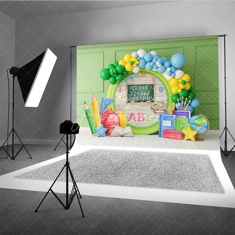 Aperturee - Aperturee Back to School Photography Backdrop Green Wood Chalkboard Backpack Background Rustic Class Photo Prop