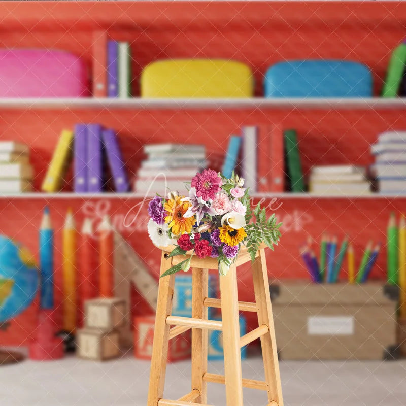 Aperturee - Aperturee Back to School Photography Backdrop Red Bookshelf Library Background Study Room Photo Prop