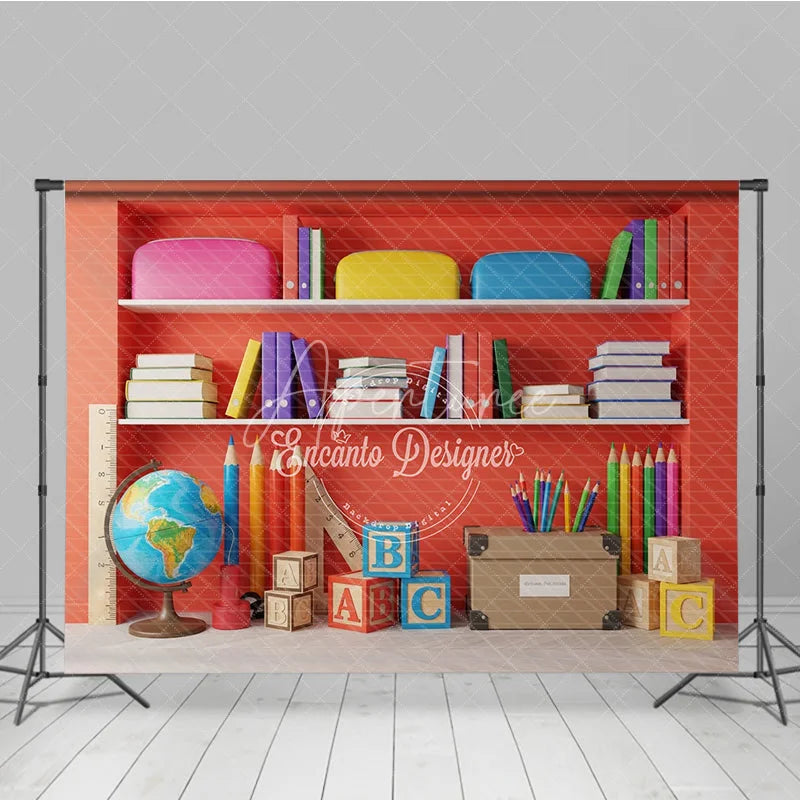 Aperturee - Aperturee Back to School Photography Backdrop Red Bookshelf Library Background Study Room Photo Prop