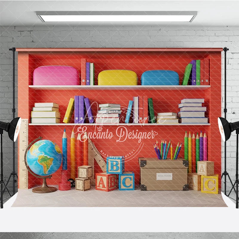 Aperturee - Aperturee Back to School Photography Backdrop Red Bookshelf Library Background Study Room Photo Prop