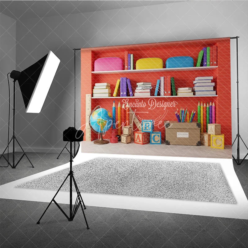Aperturee - Aperturee Back to School Photography Backdrop Red Bookshelf Library Background Study Room Photo Prop