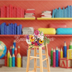 Aperturee - Aperturee Back to School Photography Backdrop Red Wall Library Bookshelf Background Colorful Pencil Photo Prop