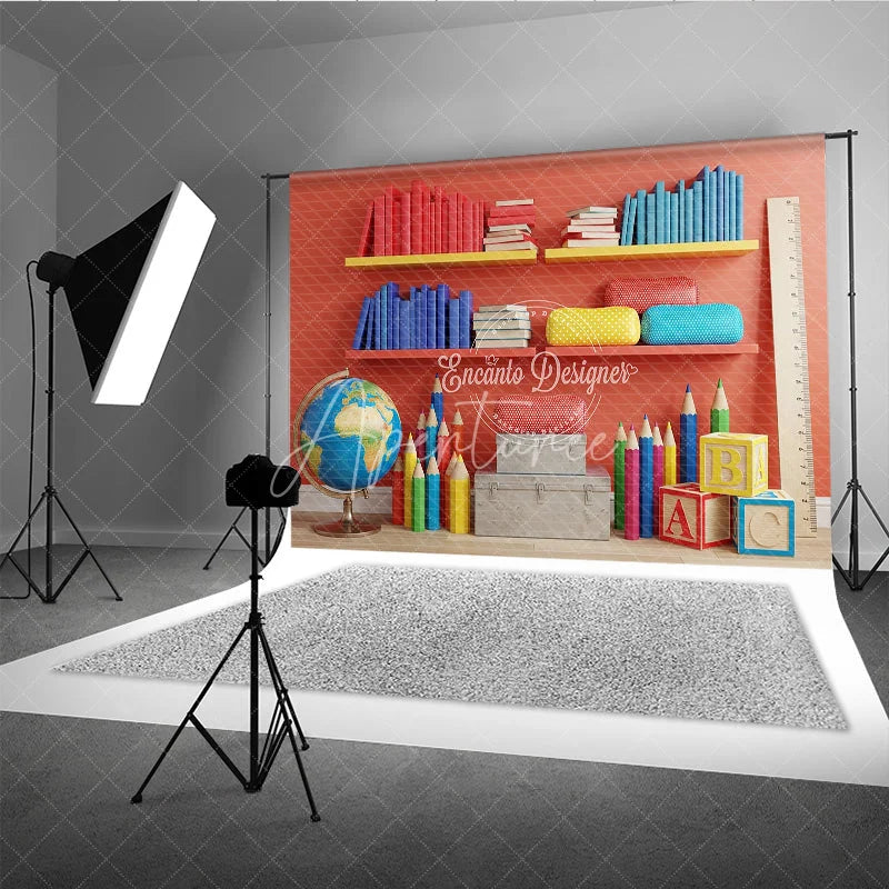 Aperturee - Aperturee Back to School Photography Backdrop Red Wall Library Bookshelf Background Colorful Pencil Photo Prop