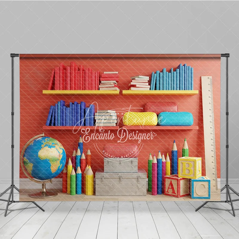 Aperturee - Aperturee Back to School Photography Backdrop Red Wall Library Bookshelf Background Colorful Pencil Photo Prop