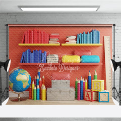 Aperturee - Aperturee Back to School Photography Backdrop Red Wall Library Bookshelf Background Colorful Pencil Photo Prop
