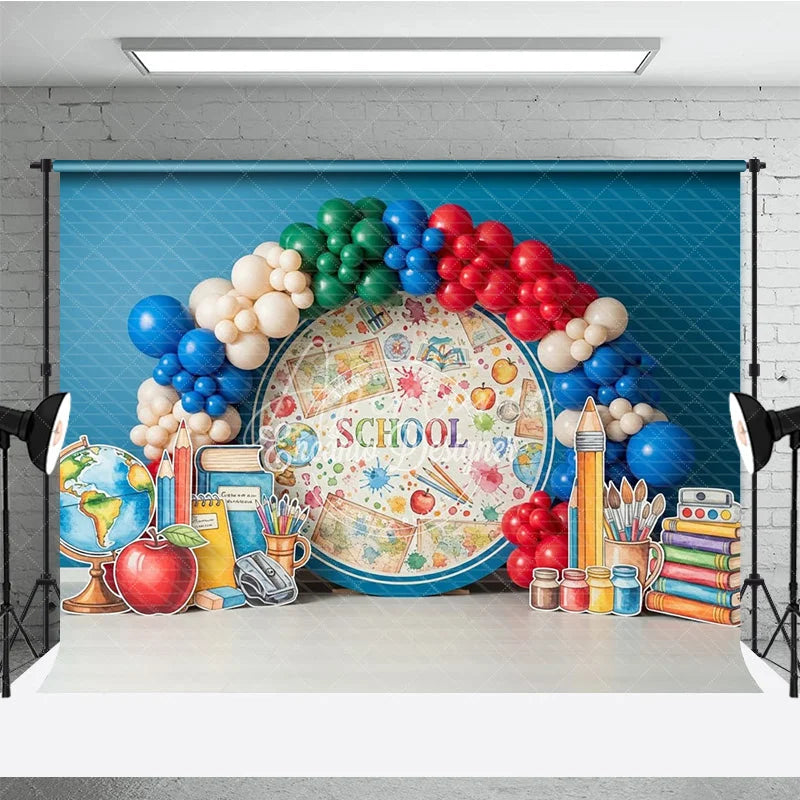 Aperturee - Aperturee Back to School Photography Backdrop Watercolor Globe Map Pencil Background Student Study Photo Prop