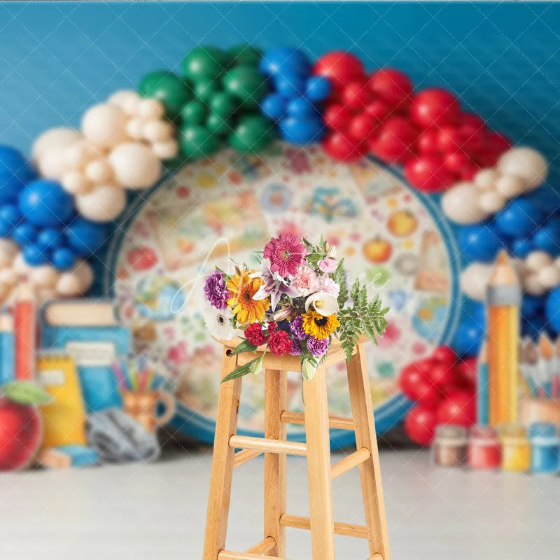 Aperturee - Aperturee Back to School Photography Backdrop Watercolor Globe Map Pencil Background Student Study Photo Prop