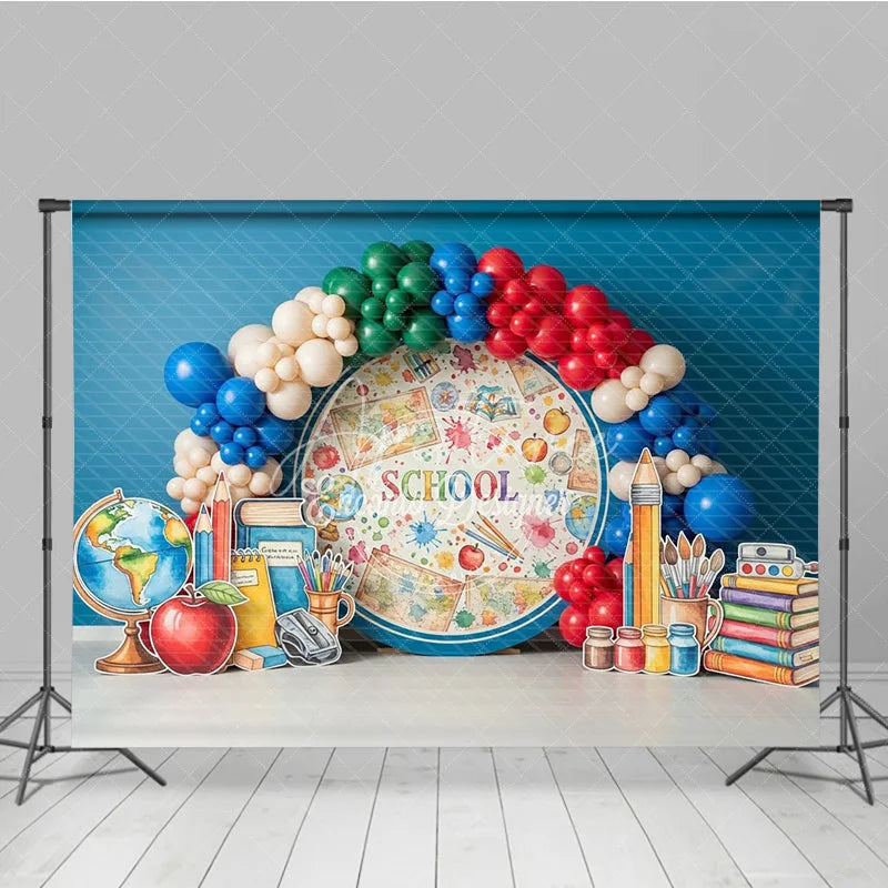 Aperturee - Aperturee Back to School Photography Backdrop Watercolor Globe Map Pencil Background Student Study Photo Prop