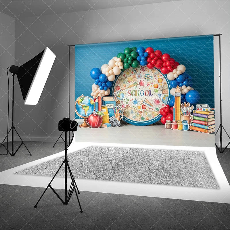 Aperturee - Aperturee Back to School Photography Backdrop Watercolor Globe Map Pencil Background Student Study Photo Prop