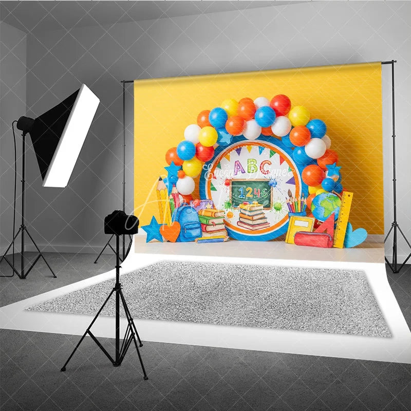 Aperturee - Aperturee Back to School Photography Backdrop Yellow ABC Chalkboard Book Background Kindergarten Photo Prop
