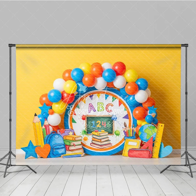 Aperturee - Aperturee Back to School Photography Backdrop Yellow ABC Chalkboard Book Background Kindergarten Photo Prop