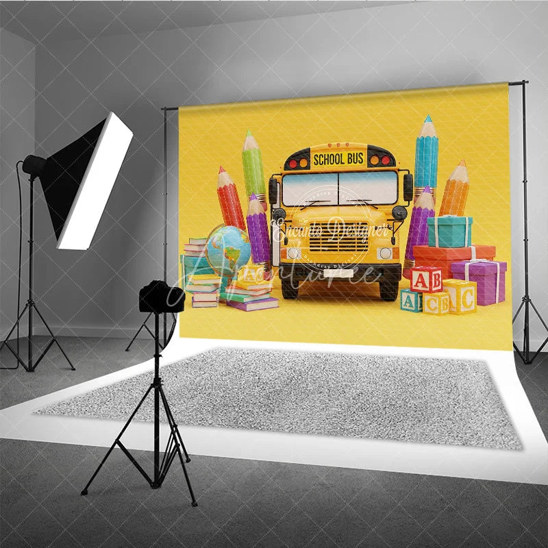 Aperturee - Aperturee Back to School Photography Backdrop Yellow School Bus Pencil Background ABC Block Cartoon Photo Prop
