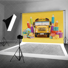 Aperturee - Aperturee Back to School Photography Backdrop Yellow School Bus Pencil Background ABC Block Cartoon Photo Prop