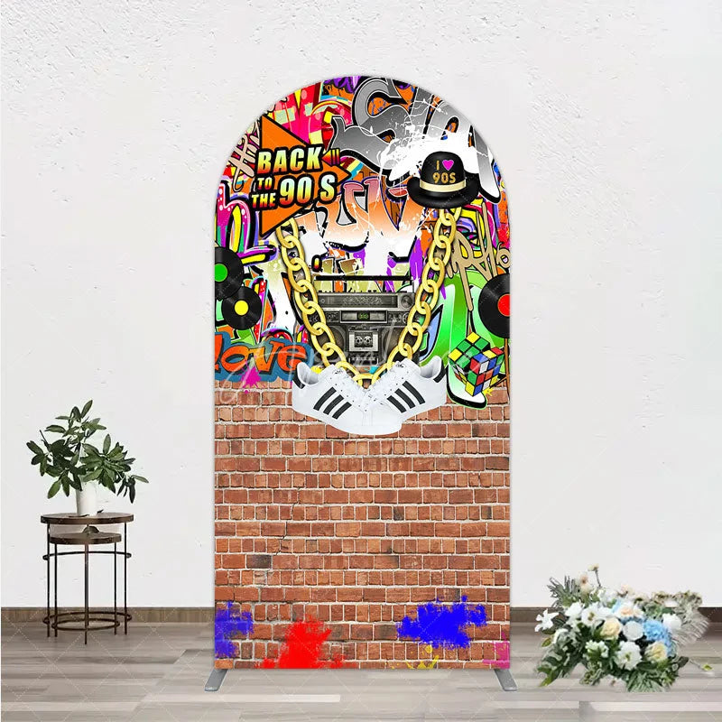 Aperturee - Aperturee Back To The 90s Arch Backdrop Hip Hop Graffiti Party Decoration Retro Brick Wall Background