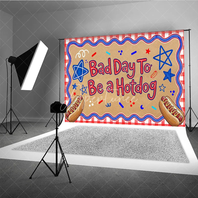 Aperturee - Aperturee Bad Day To Be a Hotdog Holiday Backdrop with Red White and Blue Stars Summer BBQ Party Decor
