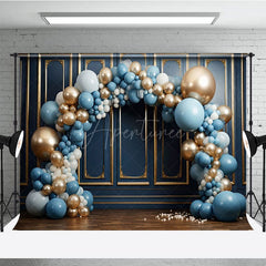 Aperturee - Aperturee Balloons Arch Navy Blue Gold Wall Photo Backdrop