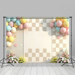 Aperturee - Aperturee Balloons Pastel Floral Checkered Wedding Backdrop