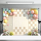 Aperturee - Aperturee Balloons Pastel Floral Checkered Wedding Backdrop