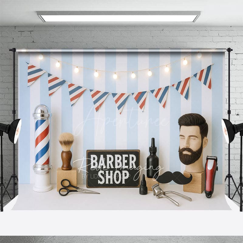 Aperturee - Aperturee Barber Shop Light Flags Photo Cake Smash Backdrop