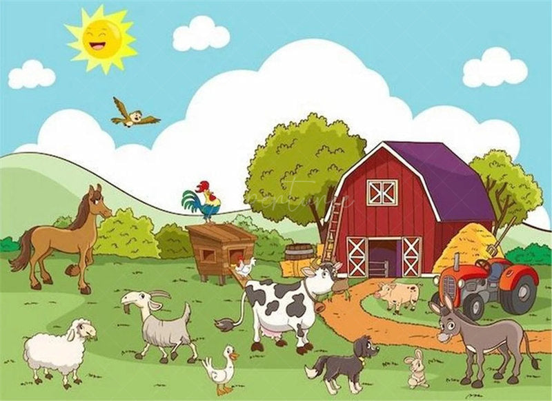 Aperturee - Aperturee Barnyard Farm Animals Birthday Backdrop Sunny Day at the Farm with a Cow and Pig Fun Outdoor Party Decoration