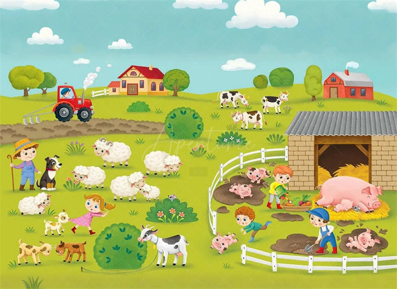 Aperturee - Aperturee Barnyard Farm Animals Birthday Backdrop Sunny Day at the Farm with a Cow and Pig Fun Outdoor Party Decoration