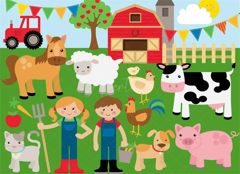 Aperturee - Aperturee Barnyard Farm Animals Birthday Backdrop Sunny Day at the Farm with a Cow and Pig Fun Outdoor Party Decoration