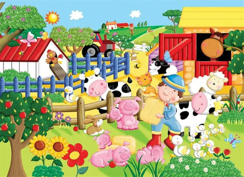 Aperturee - Aperturee Barnyard Farm Animals Birthday Backdrop Sunny Day at the Farm with a Cow and Pig Fun Outdoor Party Decoration