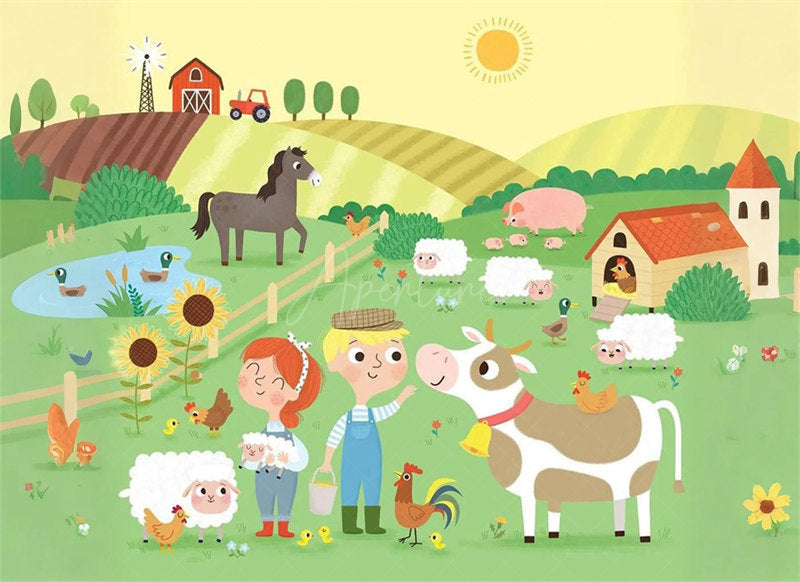 Aperturee - Aperturee Barnyard Farm Animals Birthday Backdrop Sunny Day at the Farm with a Cow and Pig Fun Outdoor Party Decoration